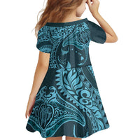 Hawaiian Manta Ray and Polynesian Tribal Tattoo Family Matching Long Sleeve Bodycon Dress and Hawaiian Shirt Turquoise Color LT03
