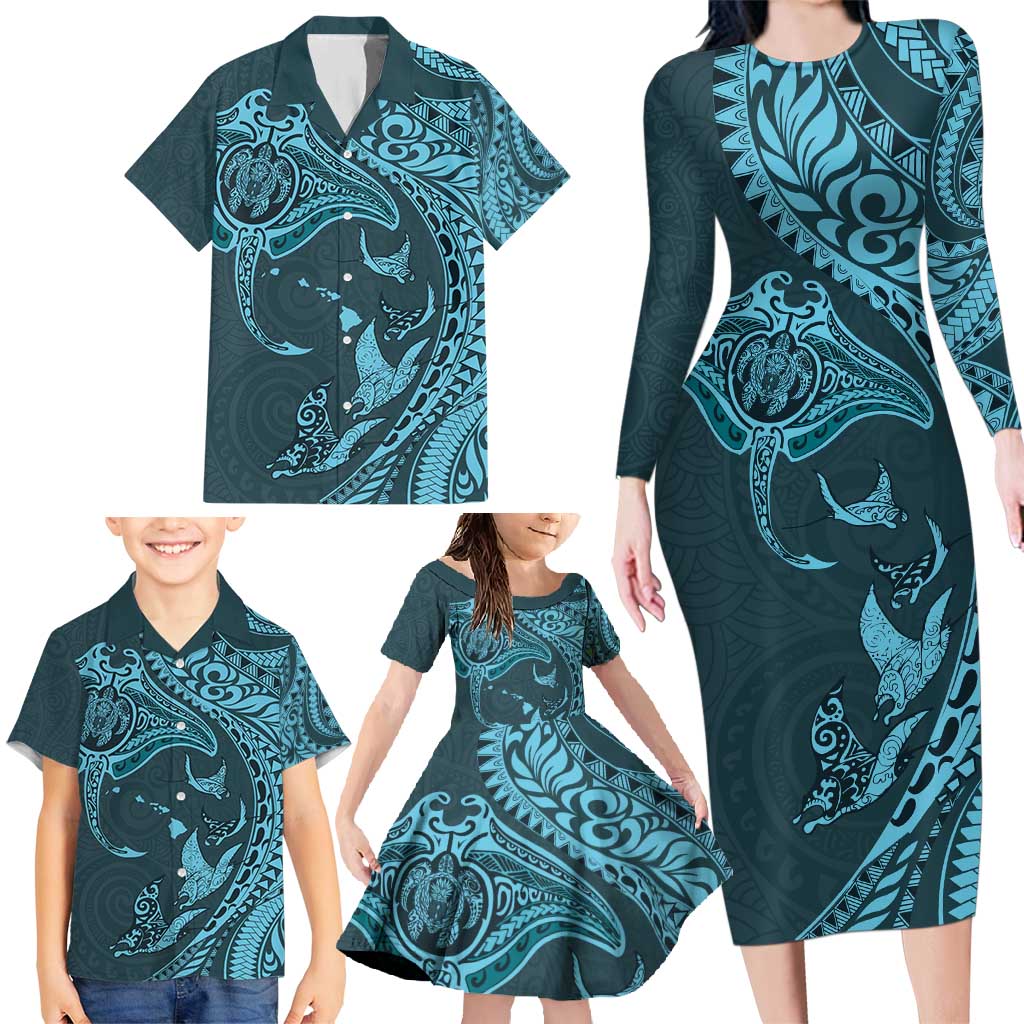 Hawaiian Manta Ray and Polynesian Tribal Tattoo Family Matching Long Sleeve Bodycon Dress and Hawaiian Shirt Turquoise Color LT03