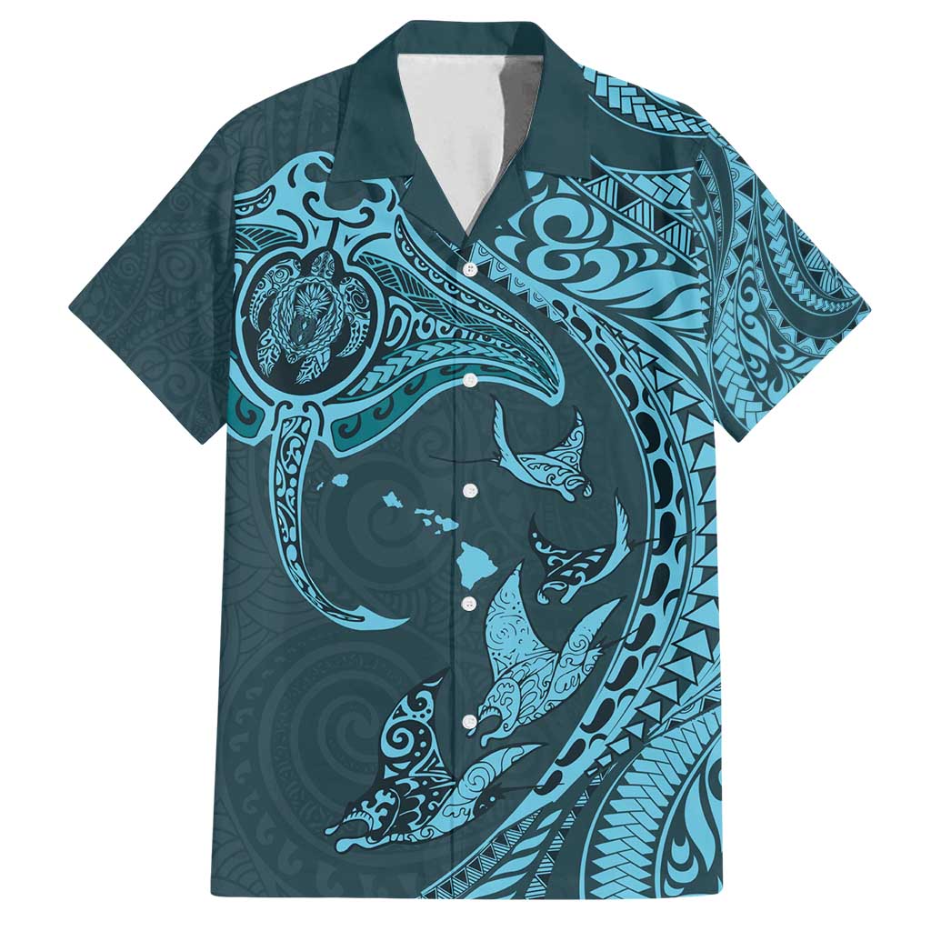 Hawaiian Manta Ray and Polynesian Tribal Tattoo Family Matching Long Sleeve Bodycon Dress and Hawaiian Shirt Turquoise Color LT03