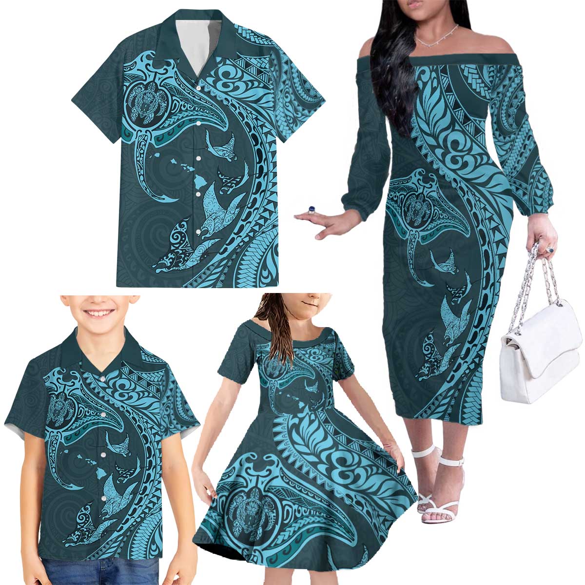 Hawaiian Manta Ray and Polynesian Tribal Tattoo Family Matching Off The Shoulder Long Sleeve Dress and Hawaiian Shirt Turquoise Color LT03