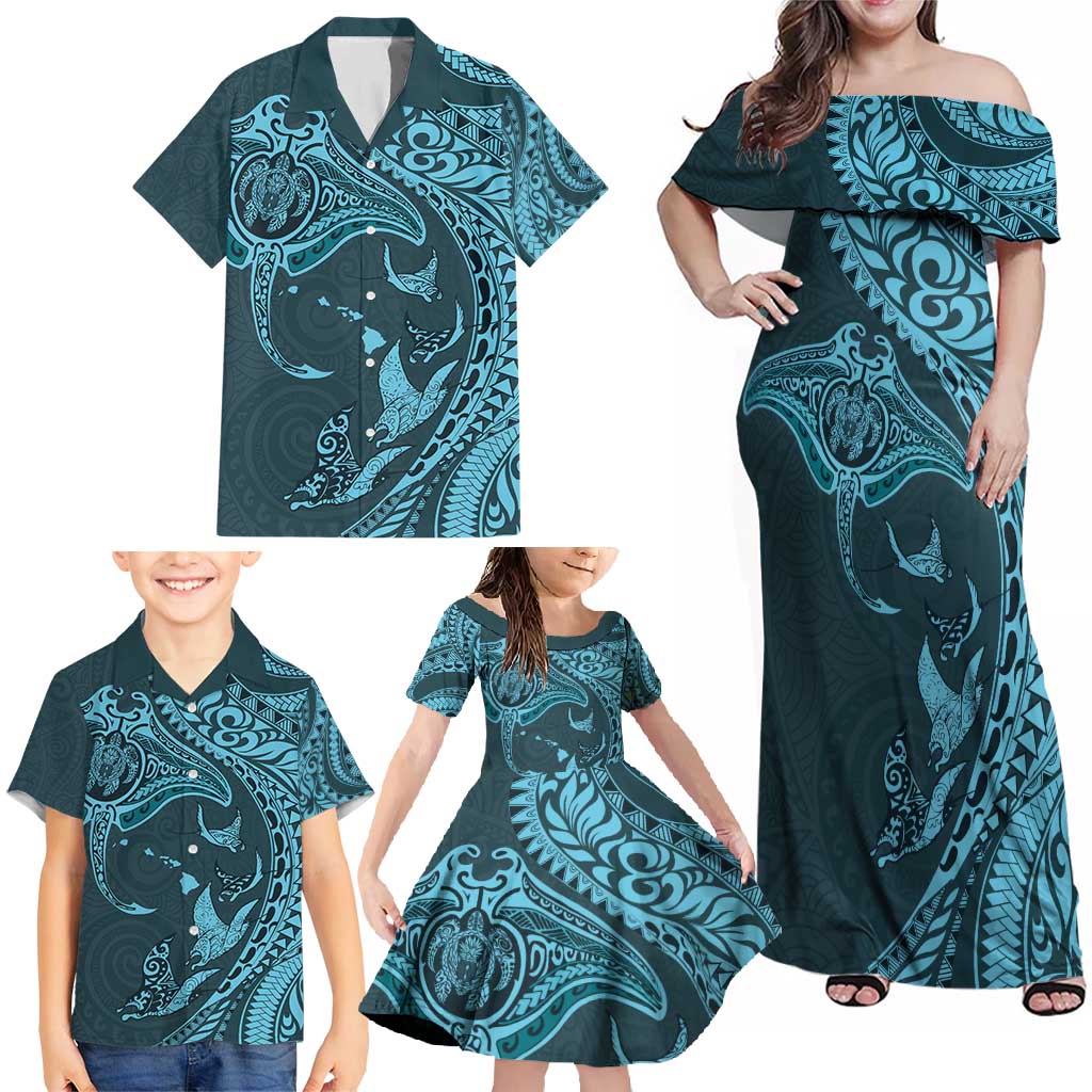 Hawaiian Manta Ray and Polynesian Tribal Tattoo Family Matching Off Shoulder Maxi Dress and Hawaiian Shirt Turquoise Color LT03 - Polynesian Pride