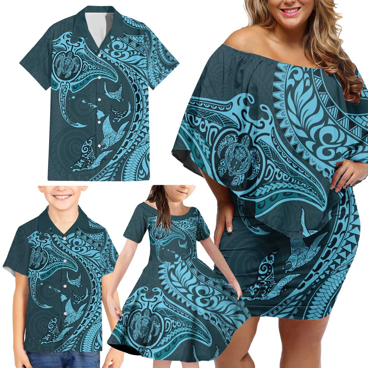 Hawaiian Manta Ray and Polynesian Tribal Tattoo Family Matching Off Shoulder Short Dress and Hawaiian Shirt Turquoise Color LT03