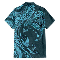 Hawaiian Manta Ray and Polynesian Tribal Tattoo Family Matching Off Shoulder Short Dress and Hawaiian Shirt Turquoise Color LT03