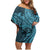 Hawaiian Manta Ray and Polynesian Tribal Tattoo Family Matching Off Shoulder Short Dress and Hawaiian Shirt Turquoise Color LT03