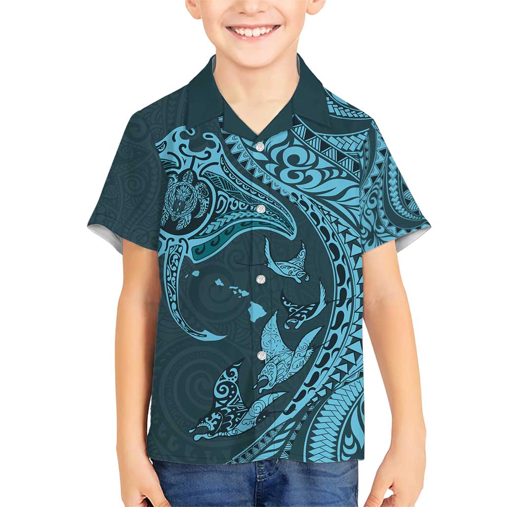 Hawaiian Manta Ray and Polynesian Tribal Tattoo Family Matching Short Sleeve Bodycon Dress and Hawaiian Shirt Turquoise Color LT03