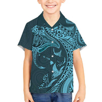 Hawaiian Manta Ray and Polynesian Tribal Tattoo Family Matching Short Sleeve Bodycon Dress and Hawaiian Shirt Turquoise Color LT03