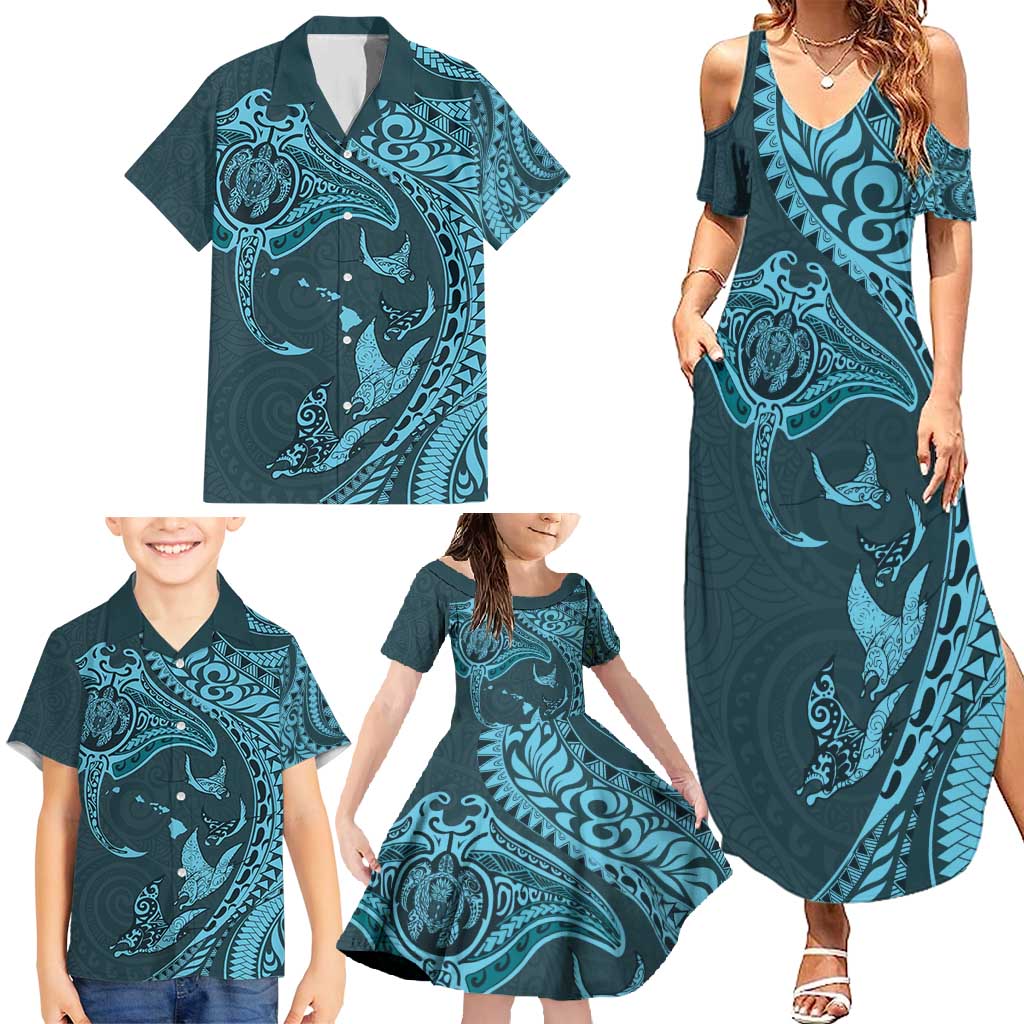 Hawaiian Manta Ray and Polynesian Tribal Tattoo Family Matching Summer Maxi Dress and Hawaiian Shirt Turquoise Color LT03