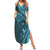 Hawaiian Manta Ray and Polynesian Tribal Tattoo Family Matching Summer Maxi Dress and Hawaiian Shirt Turquoise Color LT03