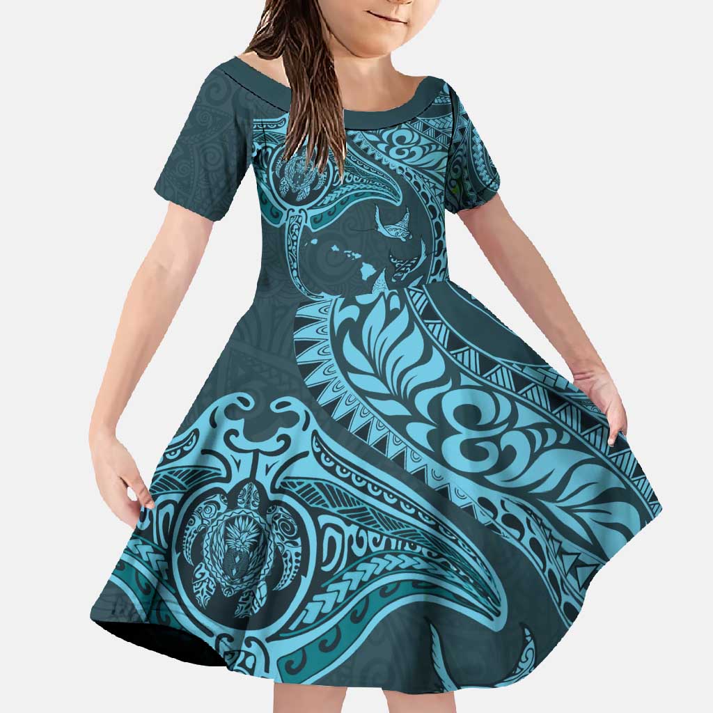 Hawaiian Manta Ray and Polynesian Tribal Tattoo Family Matching Tank Maxi Dress and Hawaiian Shirt Turquoise Color LT03