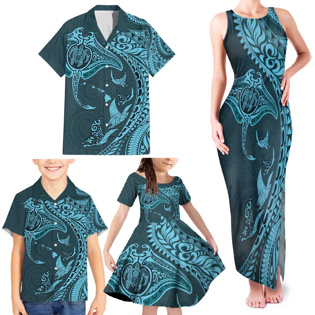 Hawaiian Manta Ray and Polynesian Tribal Tattoo Family Matching Tank Maxi Dress and Hawaiian Shirt Turquoise Color LT03