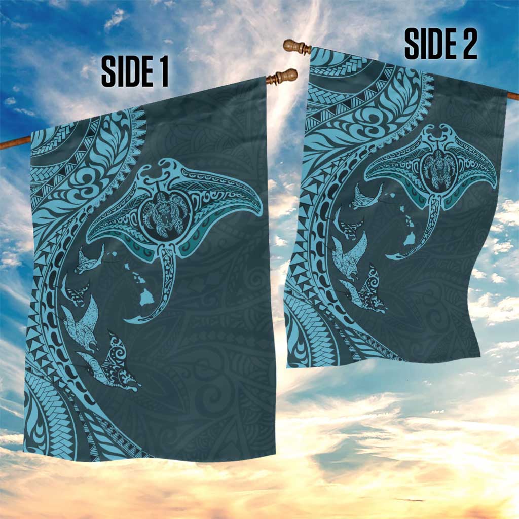 Hawaiian Manta Ray and Polynesian Tribal Tattoo Garden Flag Turquoise Color LT03 - Polynesian Pride