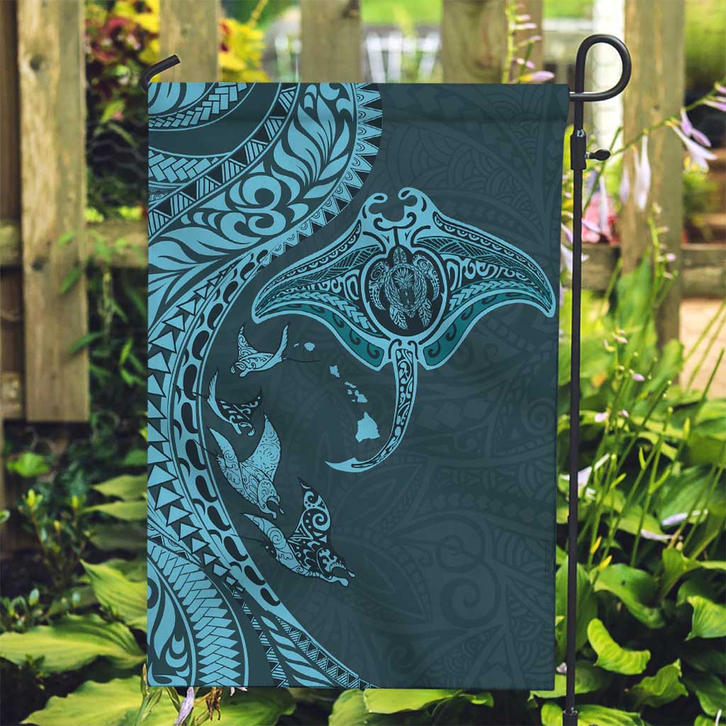 Hawaiian Manta Ray and Polynesian Tribal Tattoo Garden Flag Turquoise Color LT03 Garden Flag Turquoise - Polynesian Pride