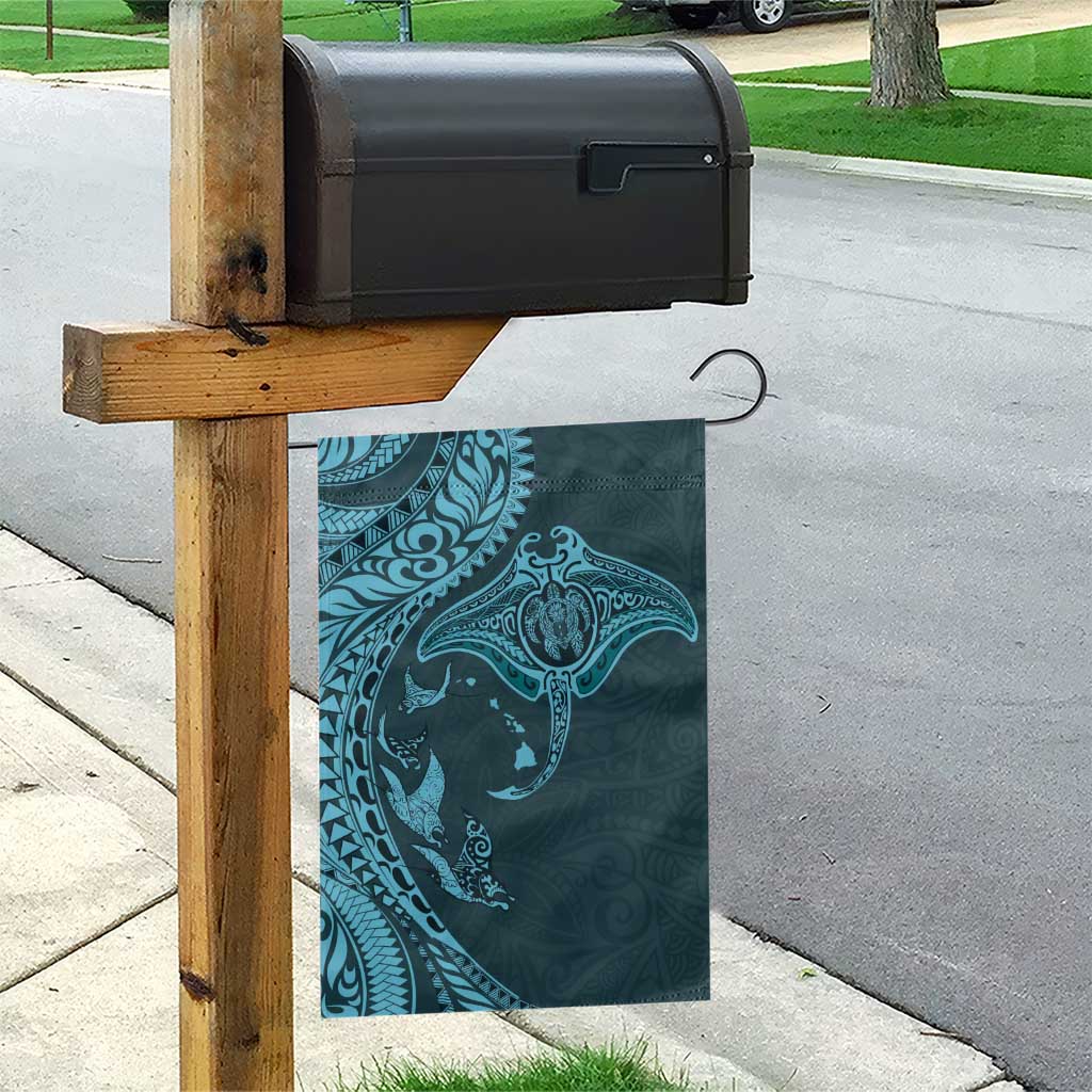 Hawaiian Manta Ray and Polynesian Tribal Tattoo Garden Flag Turquoise Color LT03 - Polynesian Pride