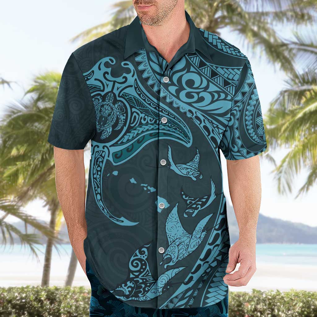 Hawaiian Manta Ray and Polynesian Tribal Tattoo Hawaiian Shirt Turquoise Color LT03 - Polynesian Pride