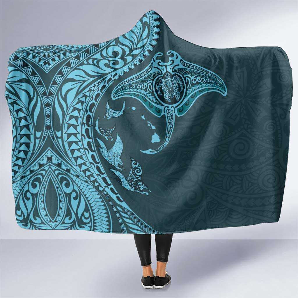 Hawaiian Manta Ray and Polynesian Tribal Tattoo Hooded Blanket Turquoise Color LT03 One Size Turquoise - Polynesian Pride