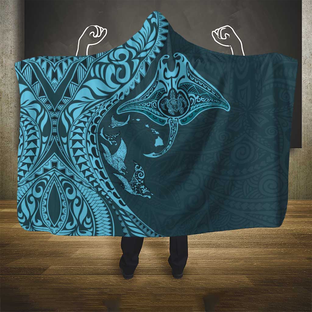 Hawaiian Manta Ray and Polynesian Tribal Tattoo Hooded Blanket Turquoise Color LT03 - Polynesian Pride