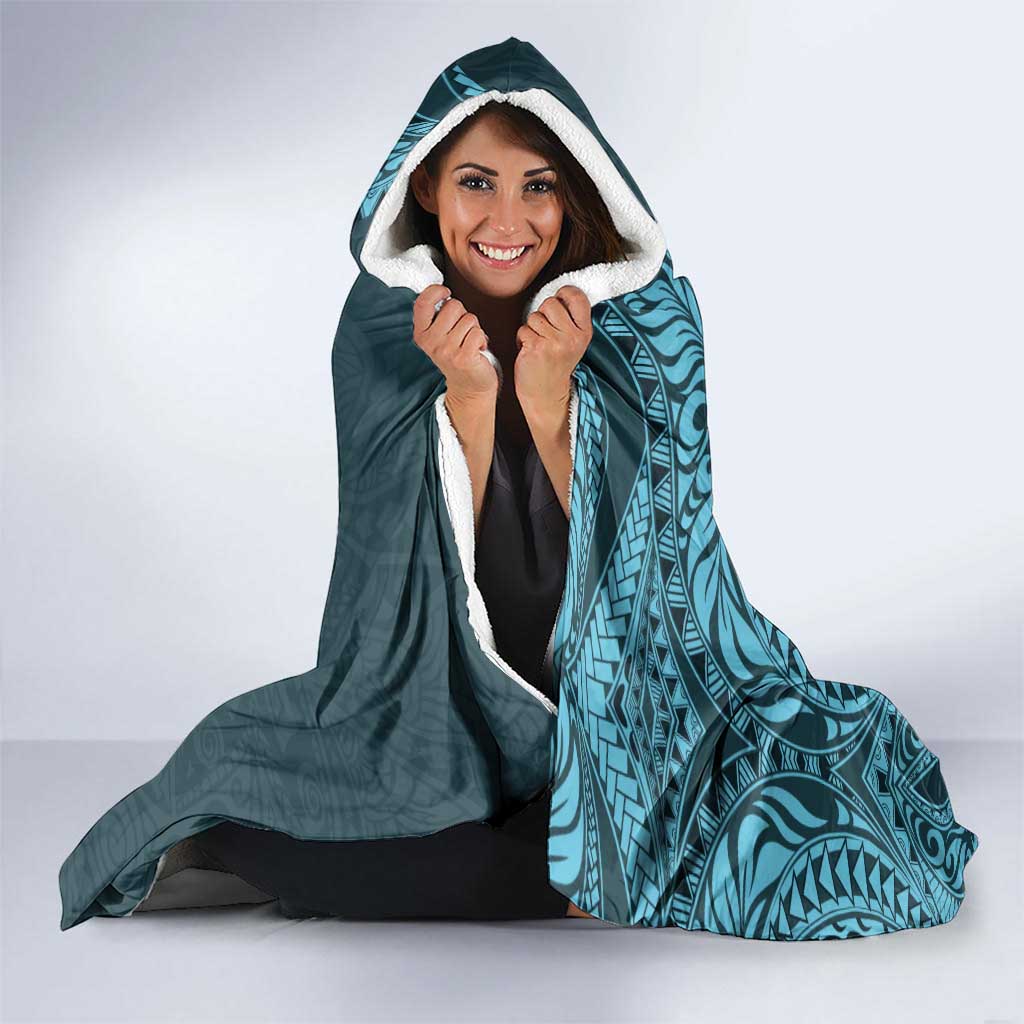 Hawaiian Manta Ray and Polynesian Tribal Tattoo Hooded Blanket Turquoise Color LT03 - Polynesian Pride