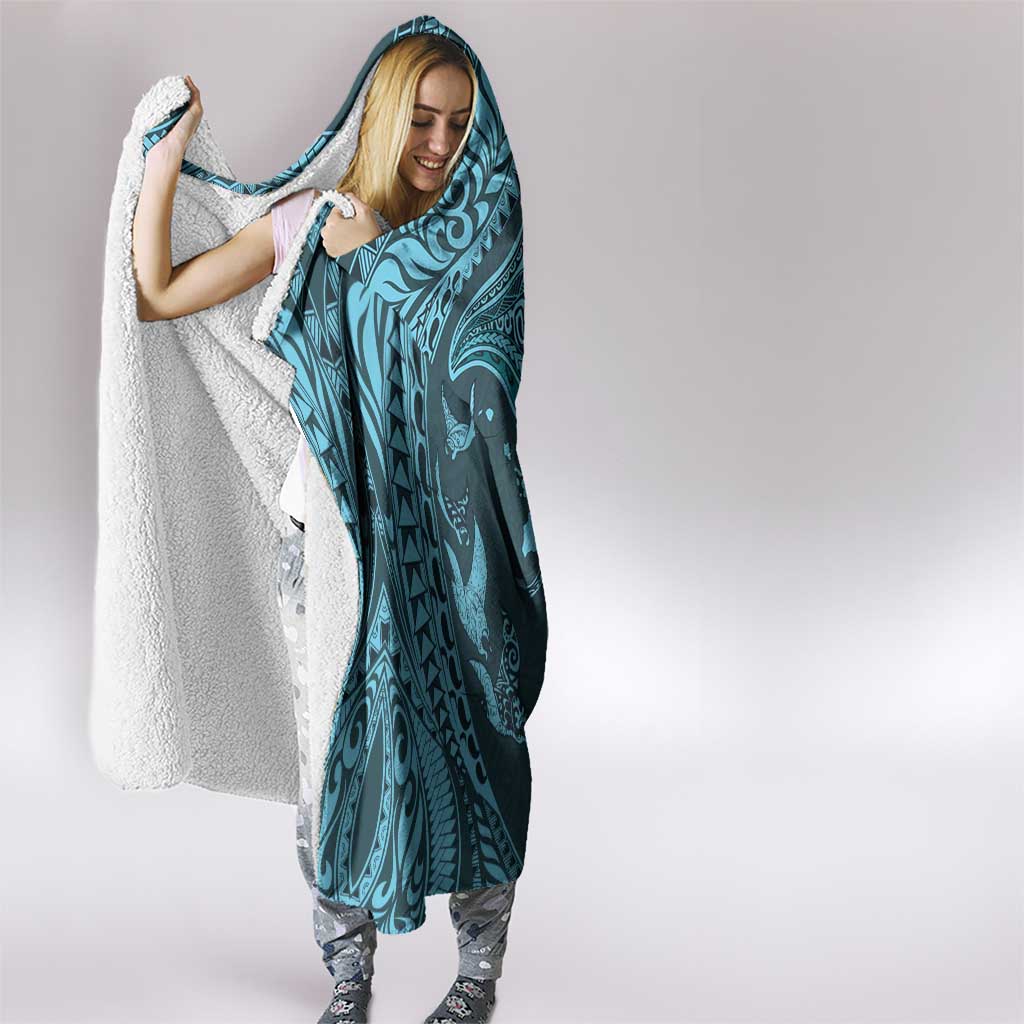 Hawaiian Manta Ray and Polynesian Tribal Tattoo Hooded Blanket Turquoise Color LT03 - Polynesian Pride