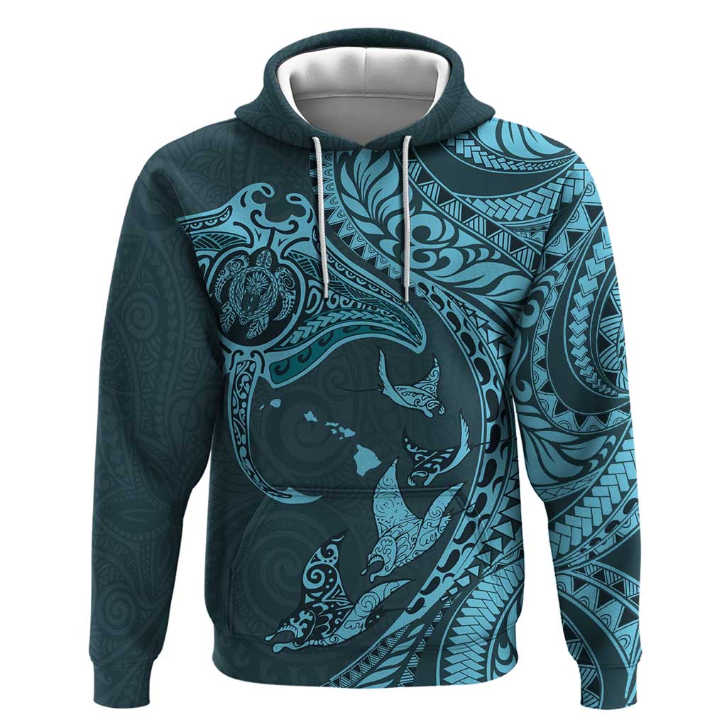 Hawaiian Manta Ray and Polynesian Tribal Tattoo Hoodie Turquoise Color LT03