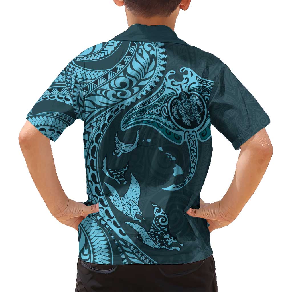 Hawaiian Manta Ray and Polynesian Tribal Tattoo Kid Hawaiian Shirt Turquoise Color LT03