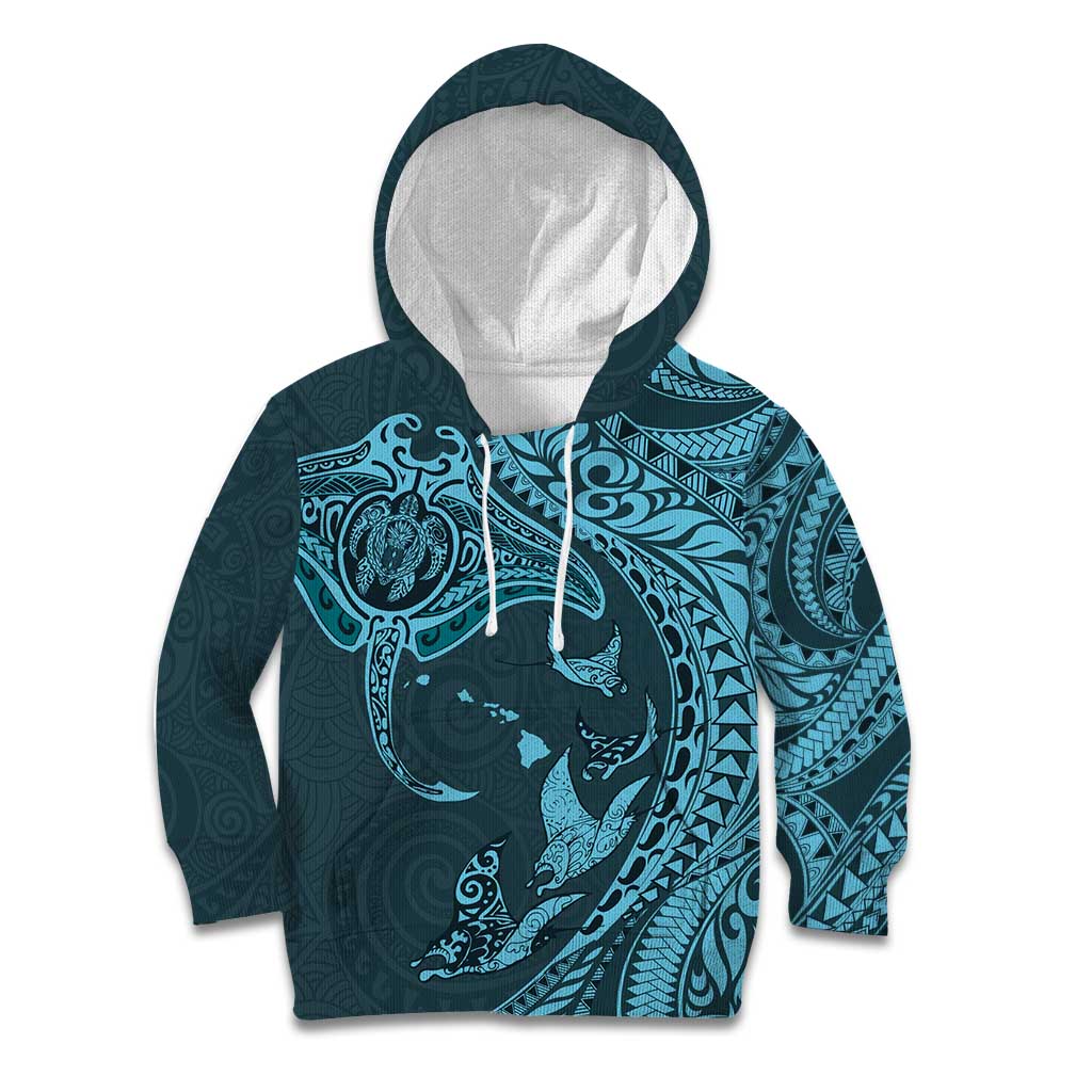 Hawaiian Manta Ray and Polynesian Tribal Tattoo Kid Hoodie Turquoise Color LT03