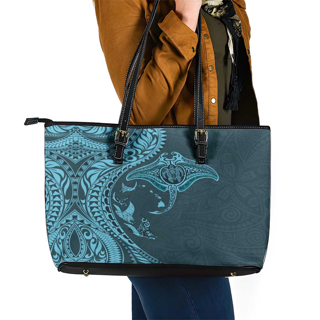 Hawaiian Manta Ray and Polynesian Tribal Tattoo Leather Tote Bag Turquoise Color LT03 - Polynesian Pride