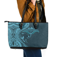 Hawaiian Manta Ray and Polynesian Tribal Tattoo Leather Tote Bag Turquoise Color LT03 - Polynesian Pride