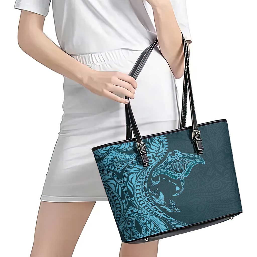 Hawaiian Manta Ray and Polynesian Tribal Tattoo Leather Tote Bag Turquoise Color LT03 - Polynesian Pride
