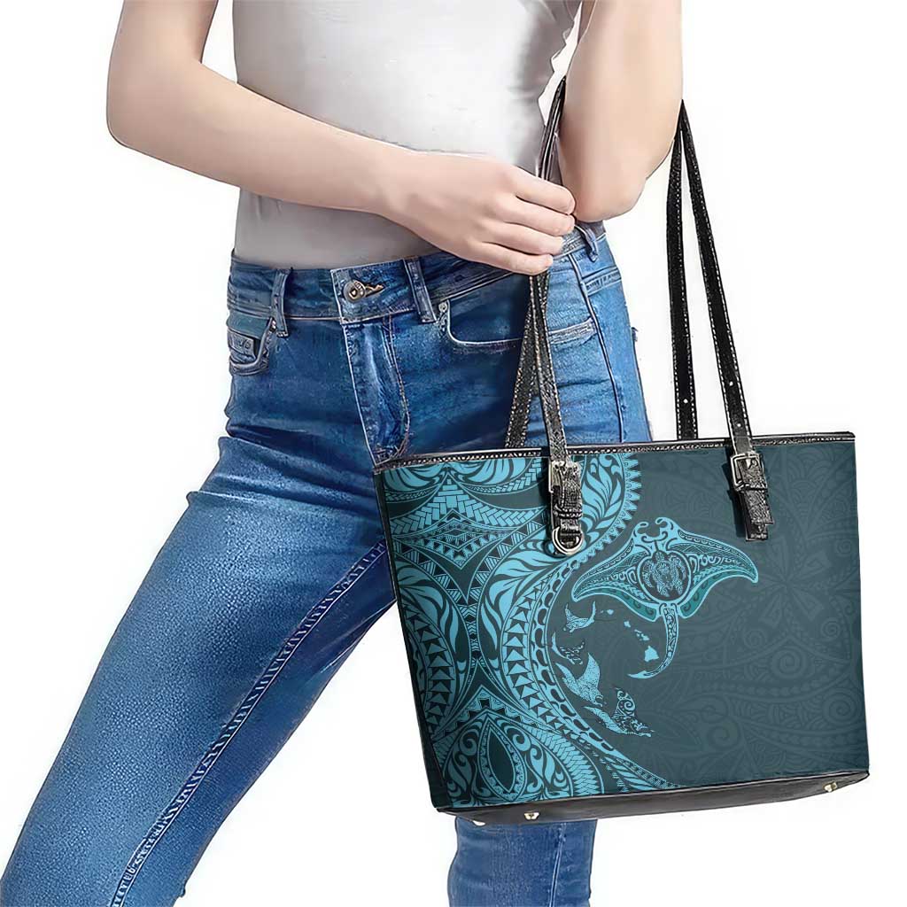 Hawaiian Manta Ray and Polynesian Tribal Tattoo Leather Tote Bag Turquoise Color LT03 - Polynesian Pride