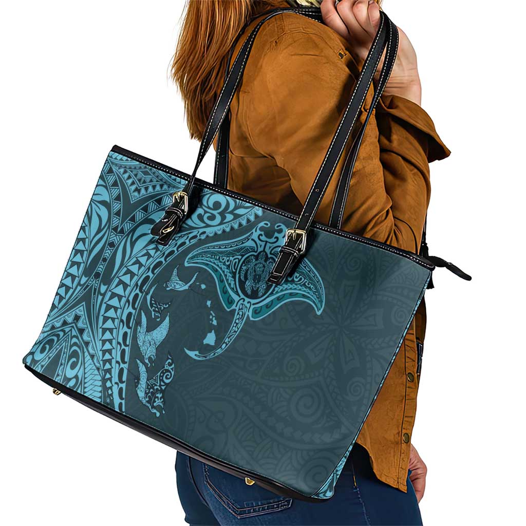 Hawaiian Manta Ray and Polynesian Tribal Tattoo Leather Tote Bag Turquoise Color LT03 - Polynesian Pride