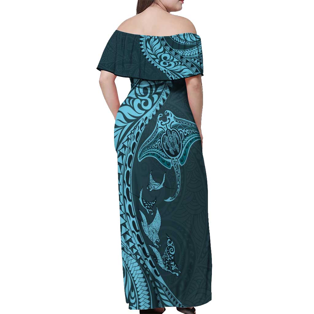 Hawaiian Manta Ray and Polynesian Tribal Tattoo Off Shoulder Maxi Dress Turquoise Color LT03 - Polynesian Pride