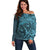 Hawaiian Manta Ray and Polynesian Tribal Tattoo Off Shoulder Sweater Turquoise Color LT03