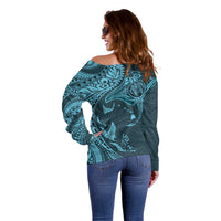 Hawaiian Manta Ray and Polynesian Tribal Tattoo Off Shoulder Sweater Turquoise Color LT03