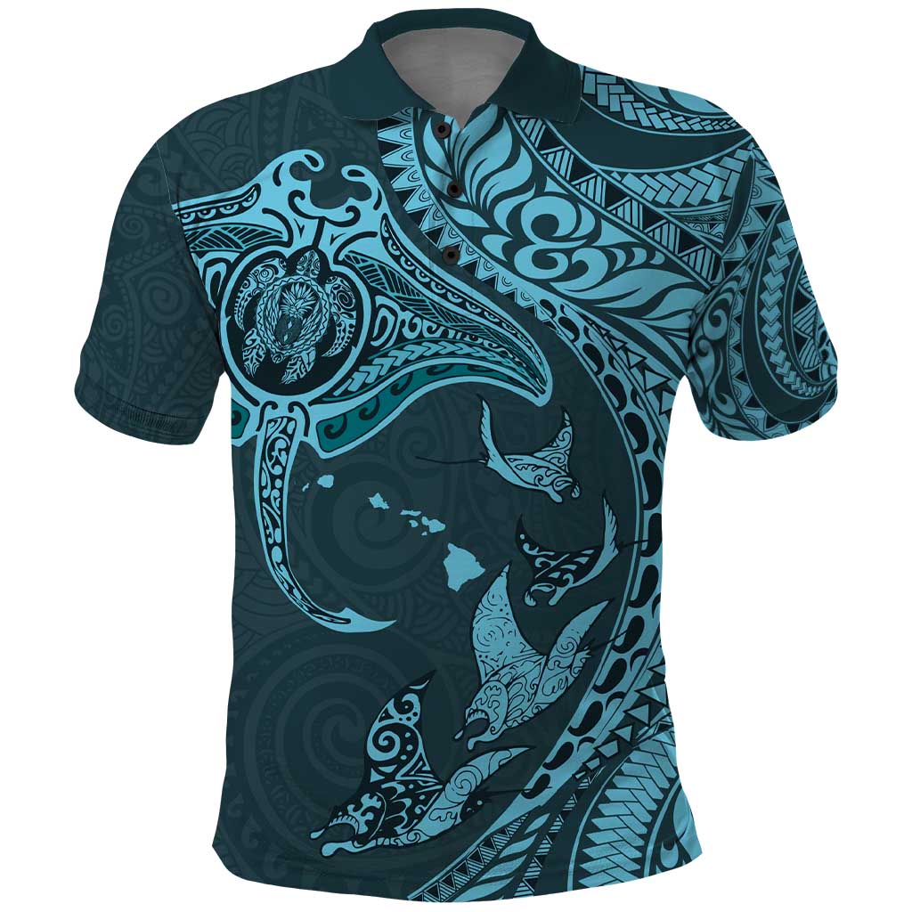 Hawaiian Manta Ray and Polynesian Tribal Tattoo Polo Shirt - Turquoise Color LT03 Turquoise - Polynesian Pride