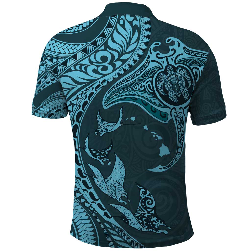 Hawaiian Manta Ray and Polynesian Tribal Tattoo Polo Shirt Turquoise Color LT03