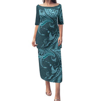 Hawaiian Manta Ray and Polynesian Tribal Tattoo Puletasi Turquoise Color LT03 Long Dress Turquoise - Polynesian Pride