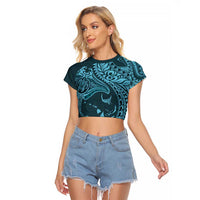 Hawaiian Manta Ray and Polynesian Tribal Tattoo Raglan Cropped T Shirt Turquoise Color LT03