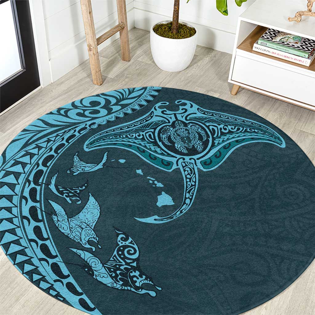 Hawaiian Manta Ray and Polynesian Tribal Tattoo Round Carpet Turquoise Color LT03