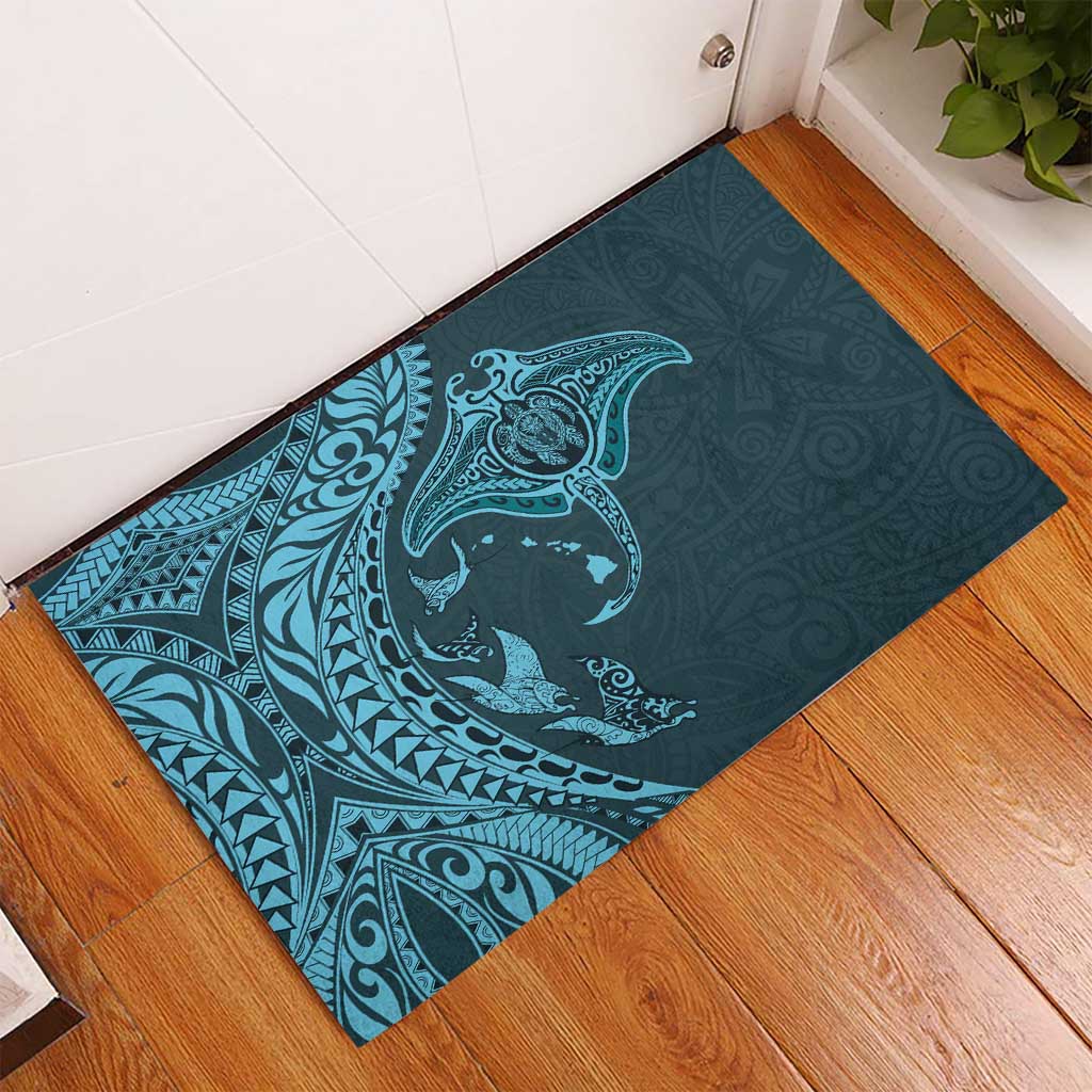 Hawaiian Manta Ray and Polynesian Tribal Tattoo Rubber Doormat Turquoise Color LT03 - Polynesian Pride
