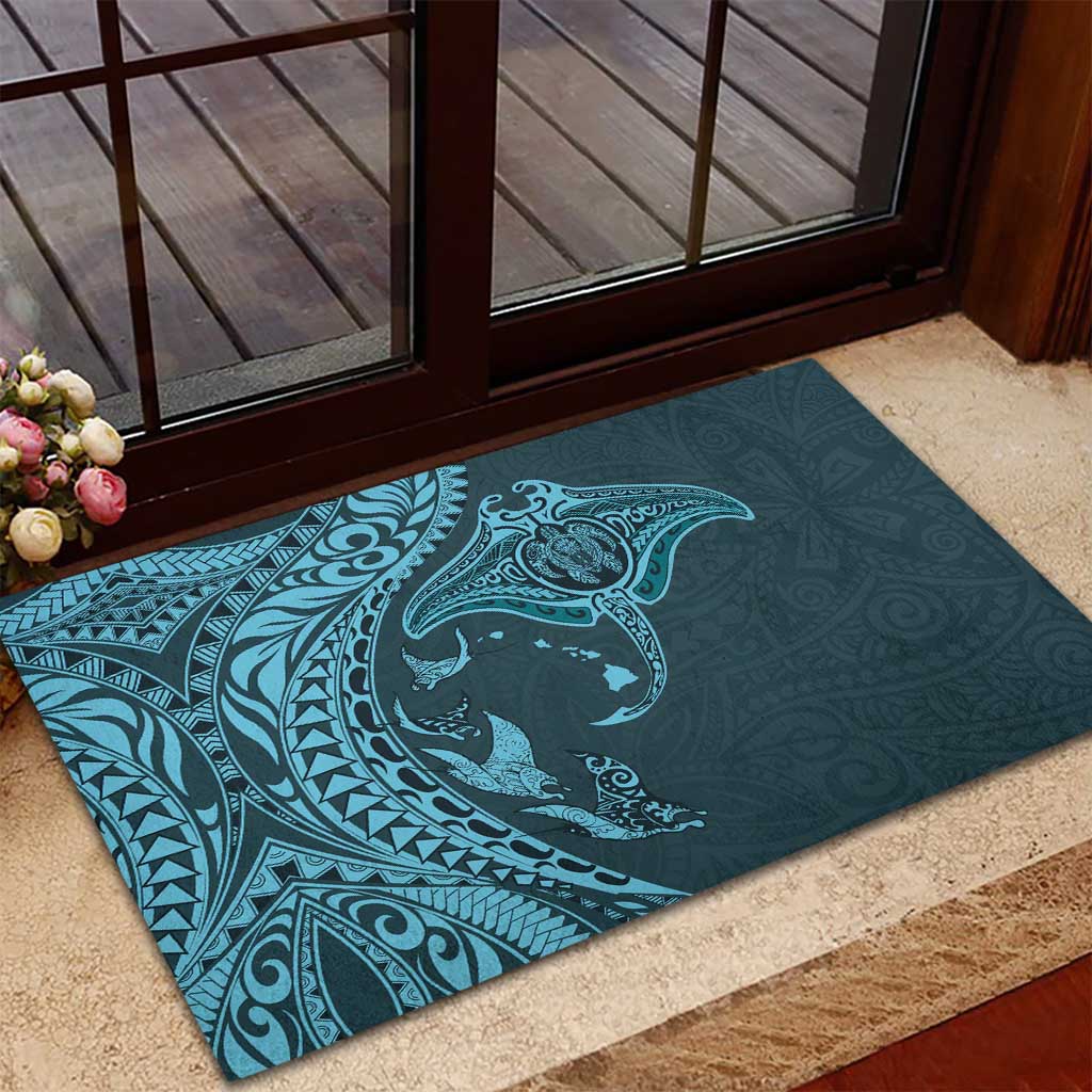 Hawaiian Manta Ray and Polynesian Tribal Tattoo Rubber Doormat Turquoise Color LT03 - Polynesian Pride
