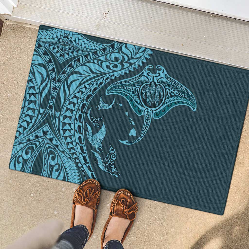 Hawaiian Manta Ray and Polynesian Tribal Tattoo Rubber Doormat Turquoise Color LT03 - Polynesian Pride