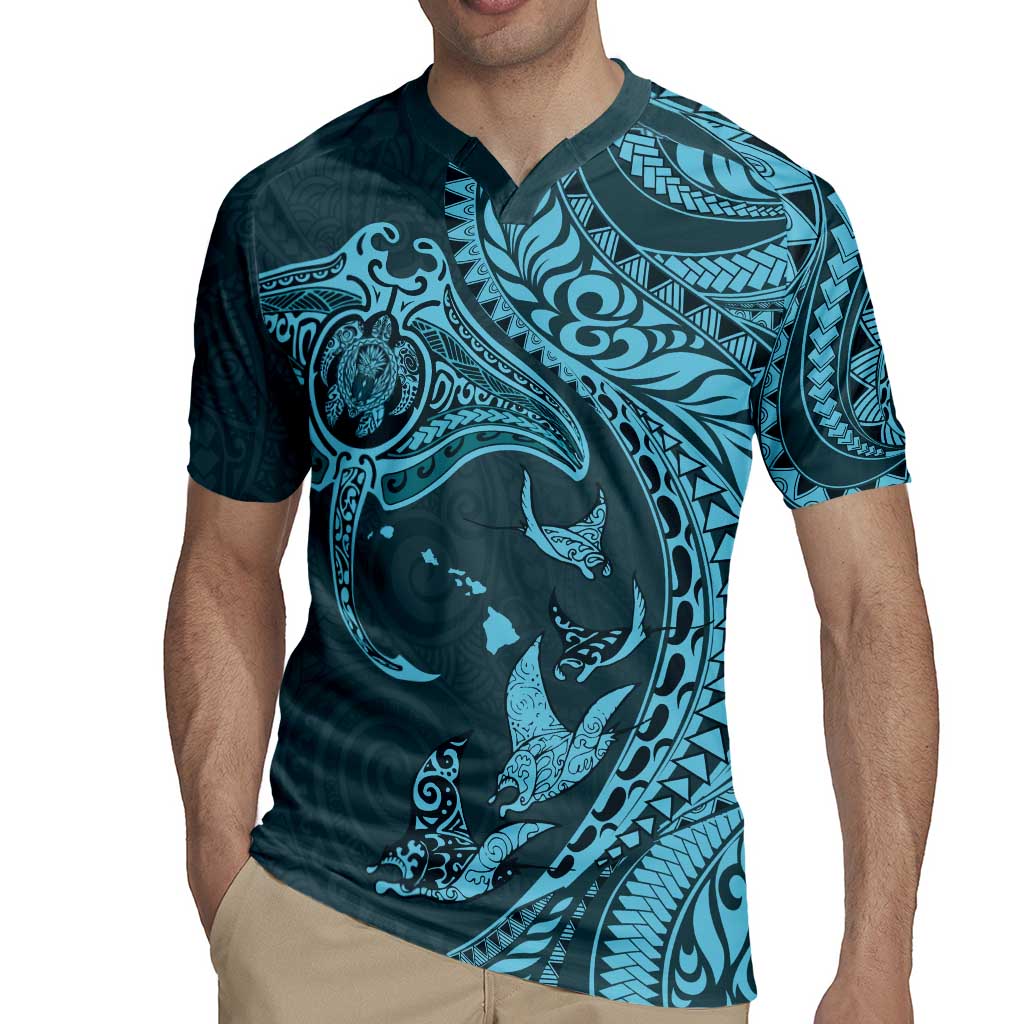Hawaiian Manta Ray and Polynesian Tribal Tattoo Rugby Jersey Turquoise Color LT03