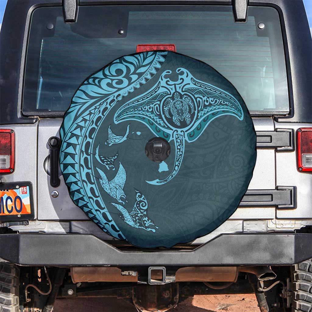 Hawaiian Manta Ray and Polynesian Tribal Tattoo Spare Tire Cover Turquoise Color LT03