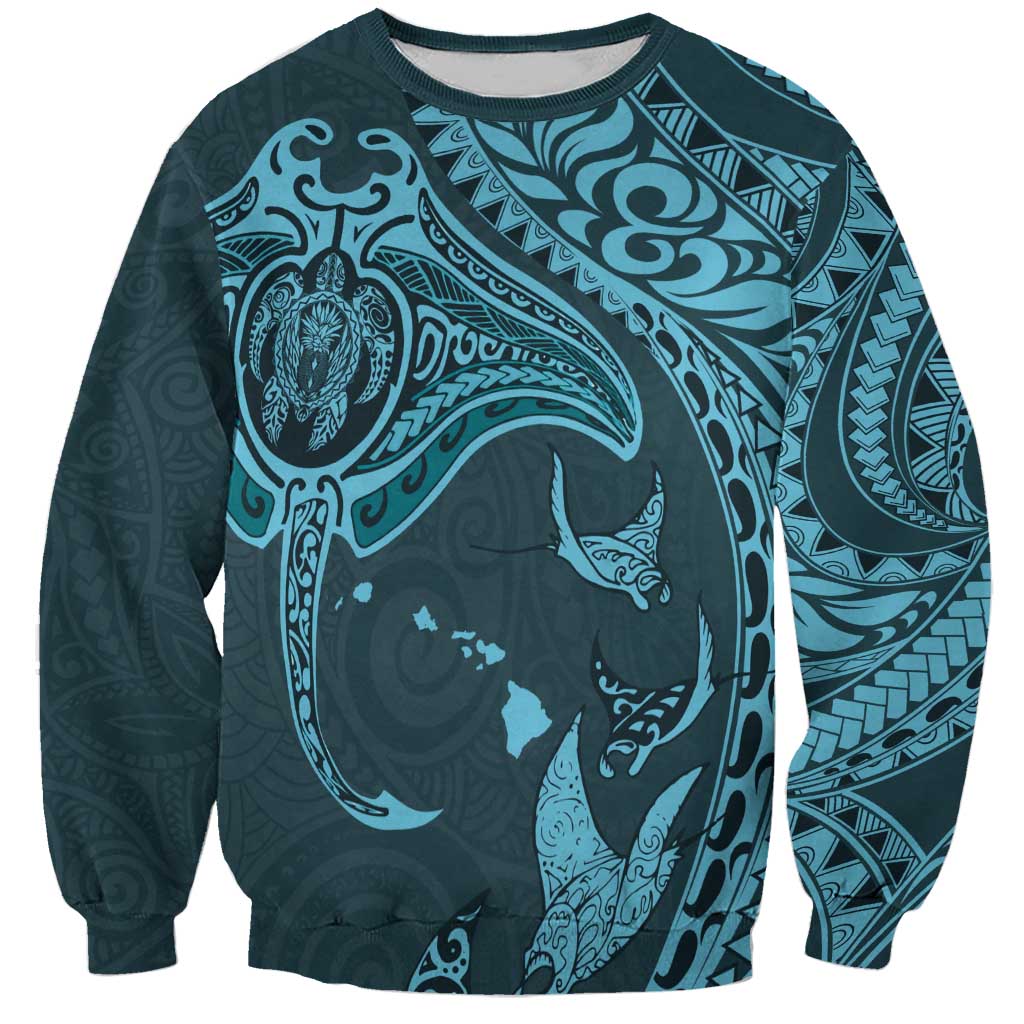 Hawaiian Manta Ray and Polynesian Tribal Tattoo Sweatshirt Turquoise Color LT03 Unisex Turquoise - Polynesian Pride
