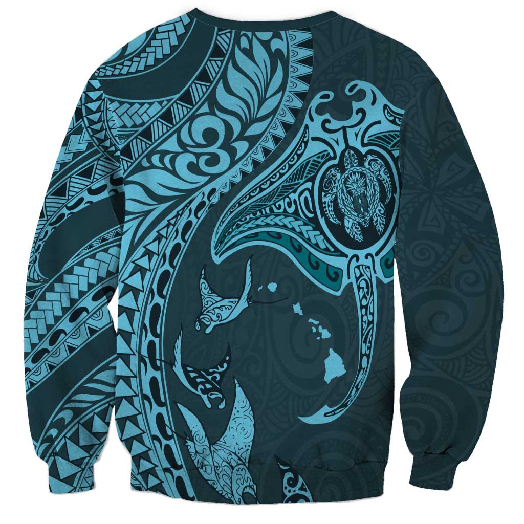 Hawaiian Manta Ray and Polynesian Tribal Tattoo Sweatshirt Turquoise Color LT03 - Polynesian Pride