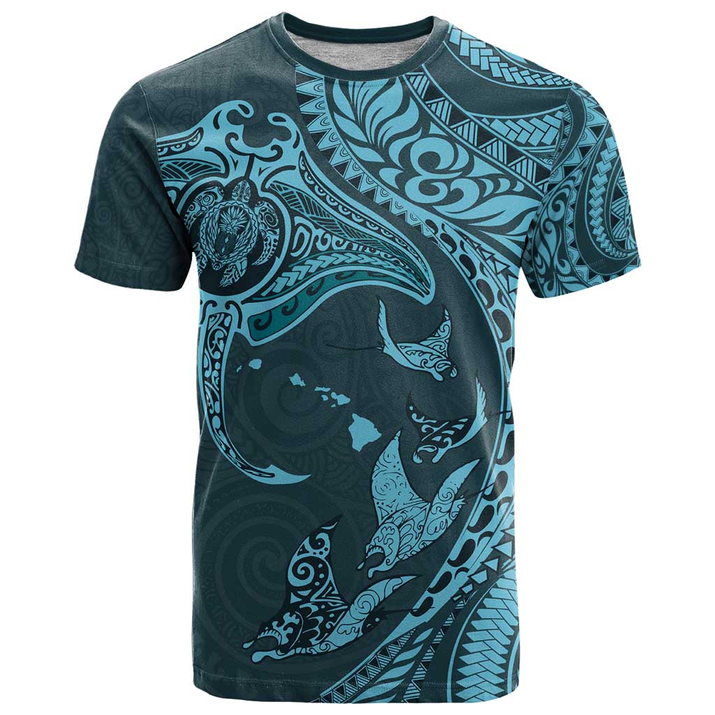 Hawaiian Manta Ray and Polynesian Tribal Tattoo T Shirt Turquoise Color LT03