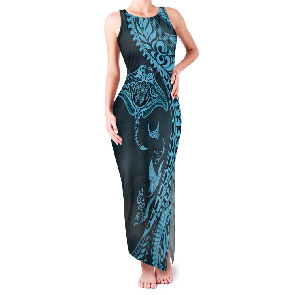 Hawaiian Manta Ray and Polynesian Tribal Tattoo Tank Maxi Dress Turquoise Color LT03