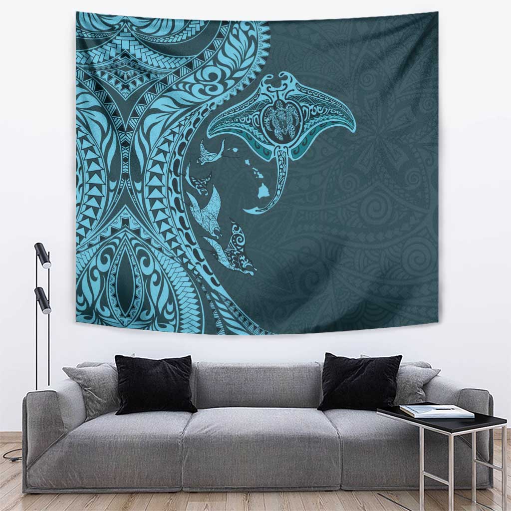 Hawaiian Manta Ray and Polynesian Tribal Tattoo Tapestry Turquoise Color LT03