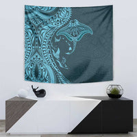 Hawaiian Manta Ray and Polynesian Tribal Tattoo Tapestry Turquoise Color LT03