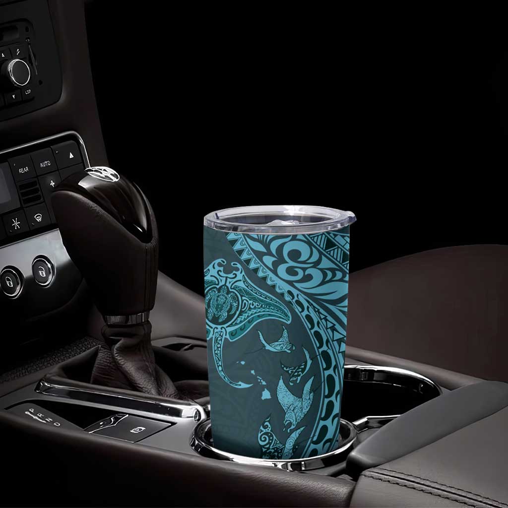 Hawaiian Manta Ray and Polynesian Tribal Tattoo Tumbler Cup Turquoise Color
